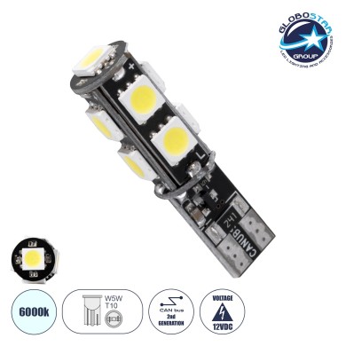 GloboStar® T10 W5W 81096 Λάμπα Αυτοκίνητου LED  2rd Generation Can-Bus Series 9xSMD5050 4.14W 540lm 360° DC 12-16V IP20 Φ1 x Υ3.9cm Ψυχρό Λευκό 6000K
